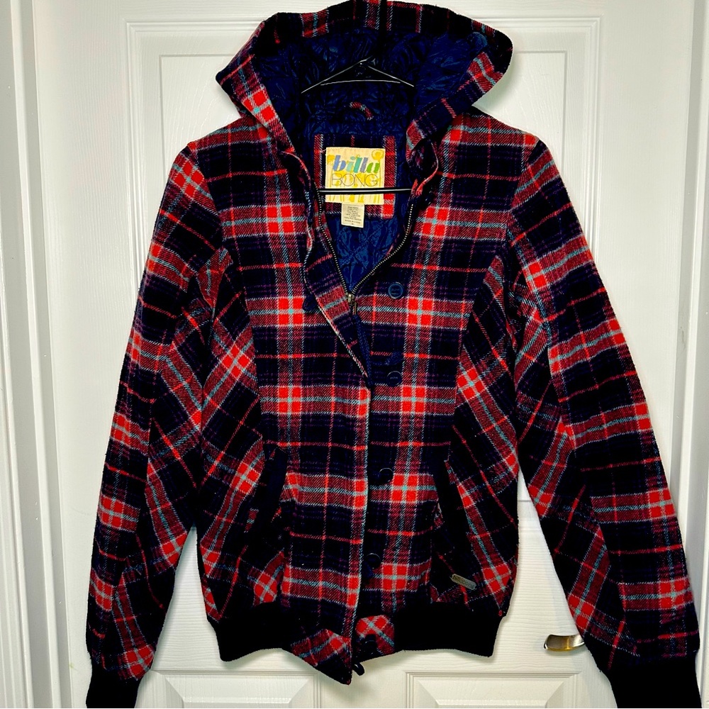 Billabong Plaid Button Hooded Jacket  Womens Medium  Wool Viscose
